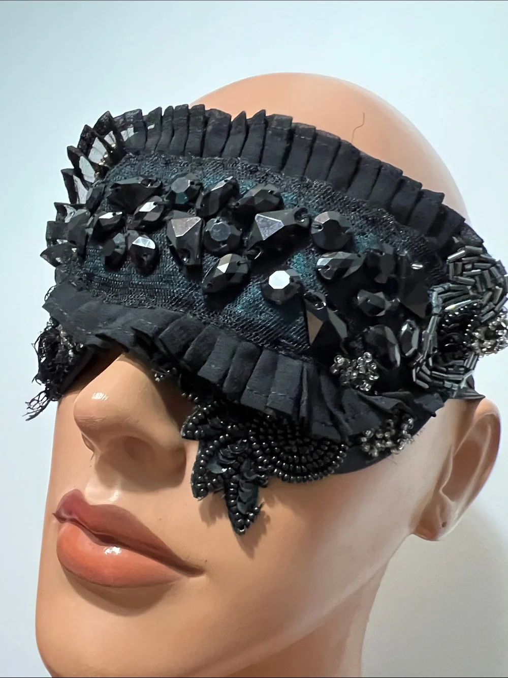 Black Beaded Lace Eye Mask - Elegant Sleep & Costume Accessory